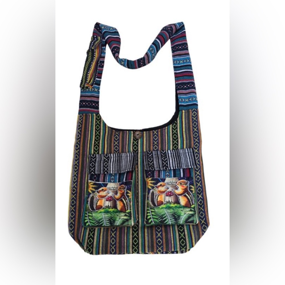 Bohemian Multicolor Striped Crossbody Bag with Front Pockets